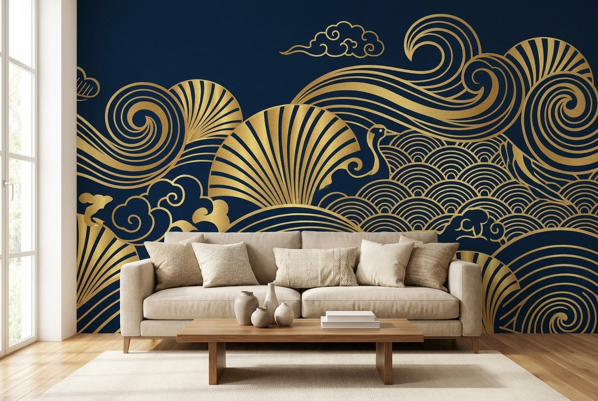 Papier peint mural Art Déco Vagues Dorées