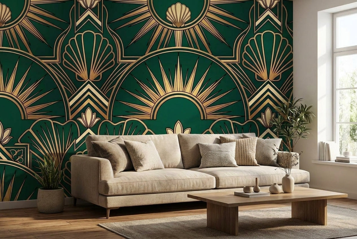 Papier peint mural Art Déco Éventails Émeraude