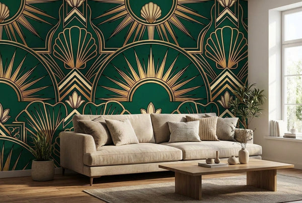 Papier peint mural Art Déco Éventails Émeraude