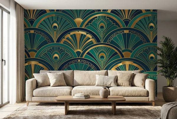 Papier peint mural Art Déco Plumes de Paon