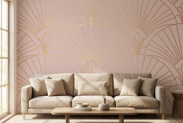 Papier peint mural Art Déco Rose Poudré & Or