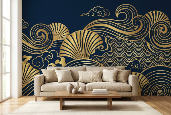 Papier peint mural Art Déco Vagues Dorées