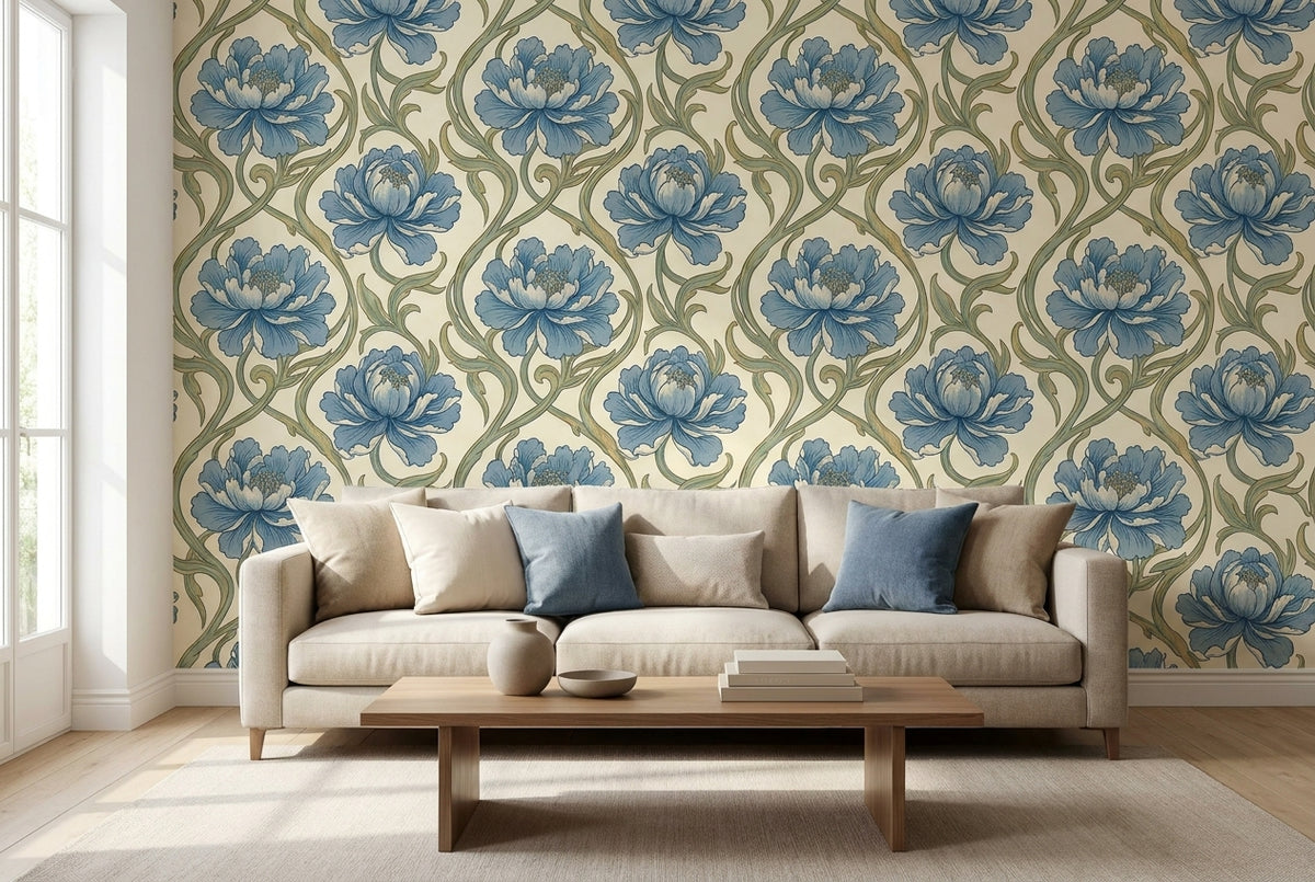 Papier peint mural Art Nouveau Pivoines Bleues