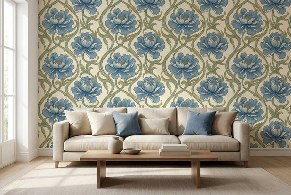 Papier peint mural Art Nouveau Pivoines Bleues