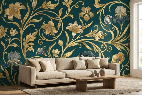 Papier peint mural Art Nouveau Vignes Dorées