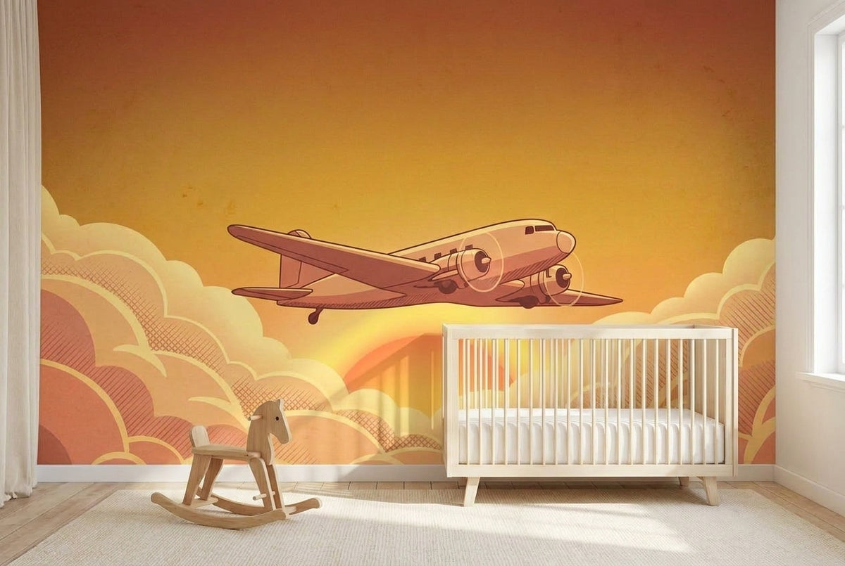 Papier peint mural Avion Vintage Coucher de Soleil