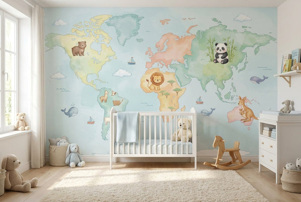 Papier peint mural Carte du Monde Animaux pour Enfants