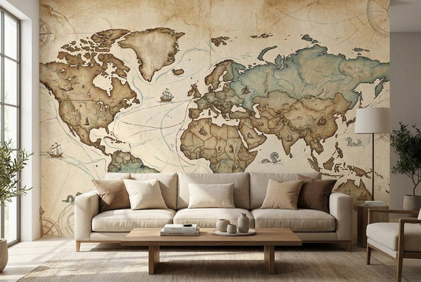 Papier peint mural Carte du Monde Vintage & Compas