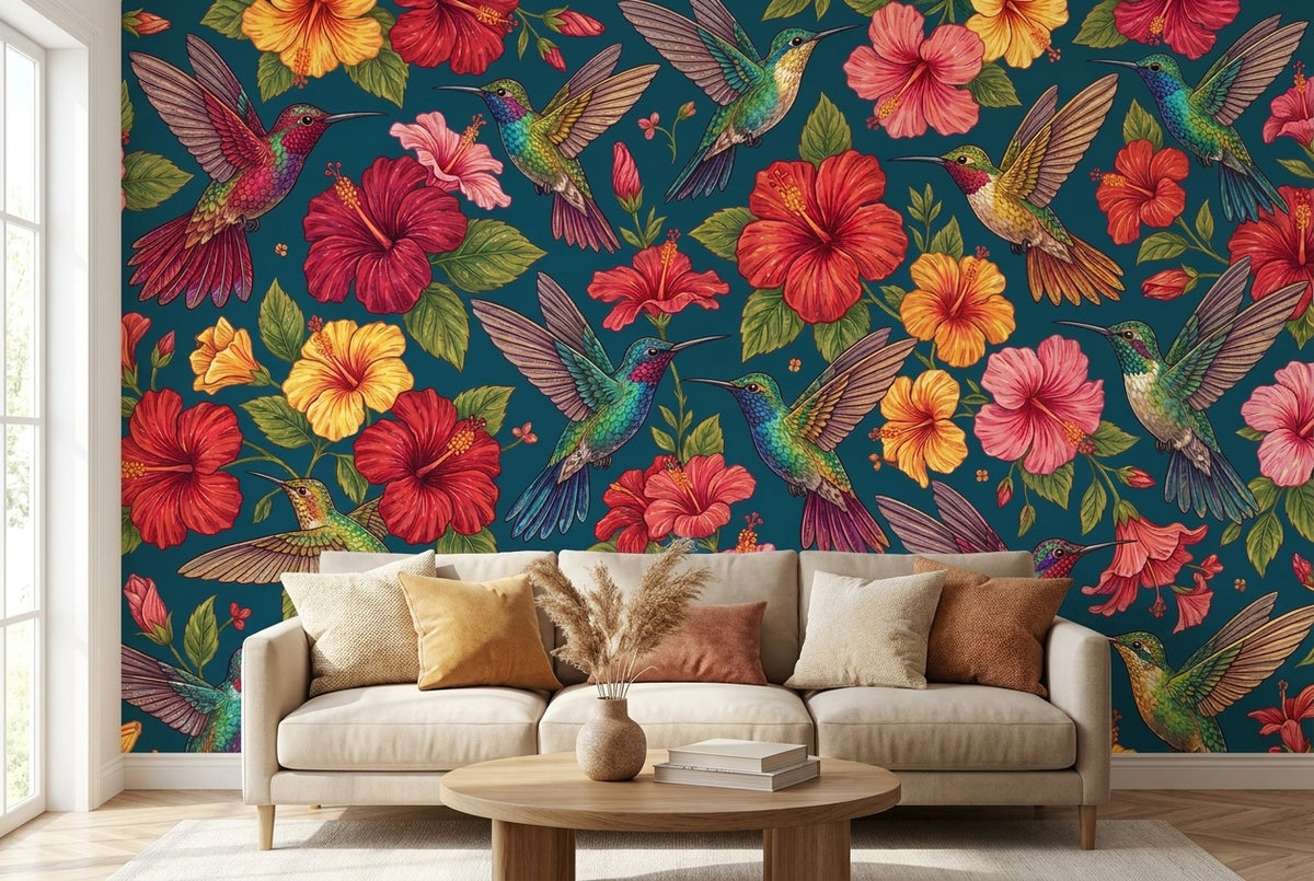 Papier peint mural Colibris & Hibiscus
