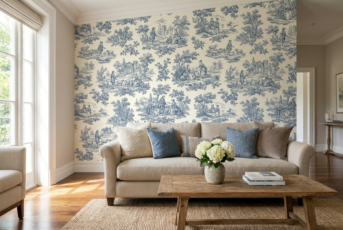 Papier peint mural Toile de Jouy Paysage Bleu