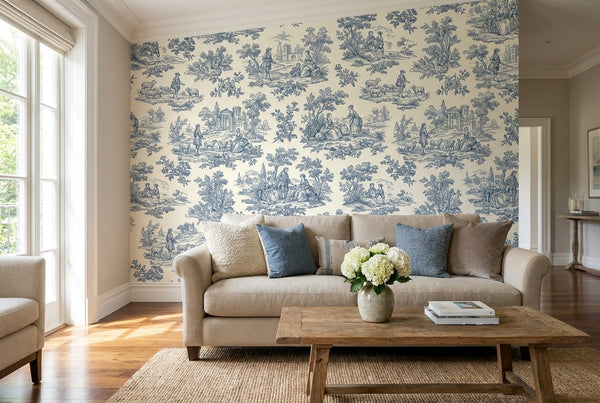 Papier peint mural Toile de Jouy Paysage Bleu