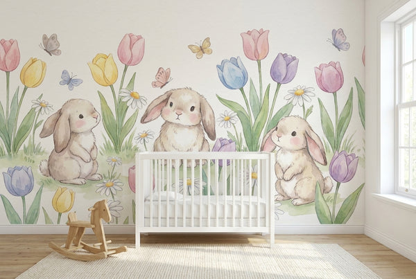 Papier peint mural Lapins dans un Jardin Pastel