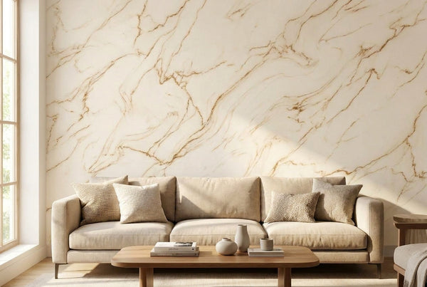 Papier peint mural Marbre Beige Veines d'Or