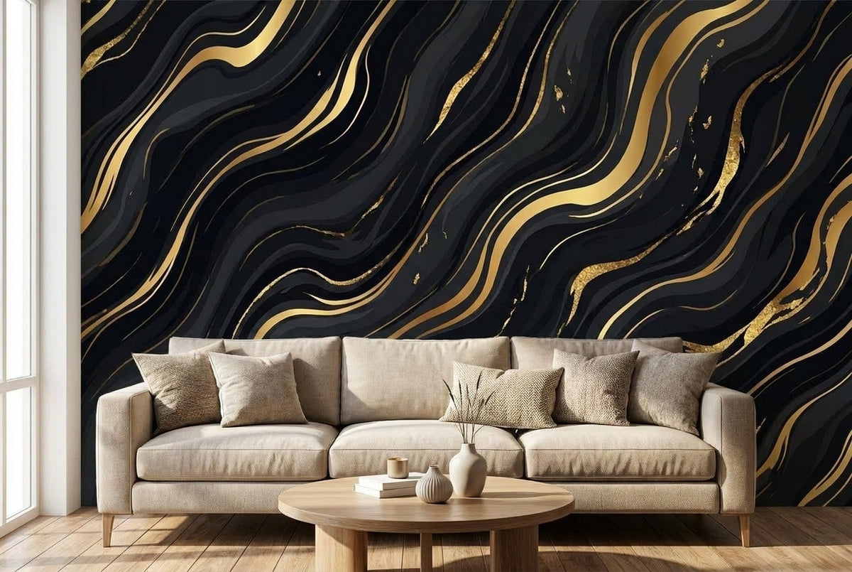 Papier peint mural Marbre Noir et Or Luxe