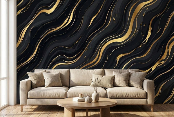 Papier peint mural Marbre Noir et Or Luxe
