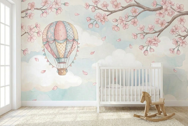 Papier peint mural Montgolfière et Cerisier en Fleurs