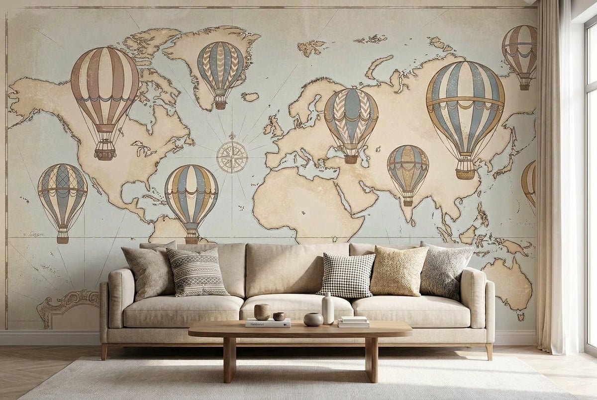 Papier peint mural Montgolfières Vintage et Carte du Monde