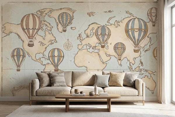 Papier peint mural Montgolfières Vintage et Carte du Monde