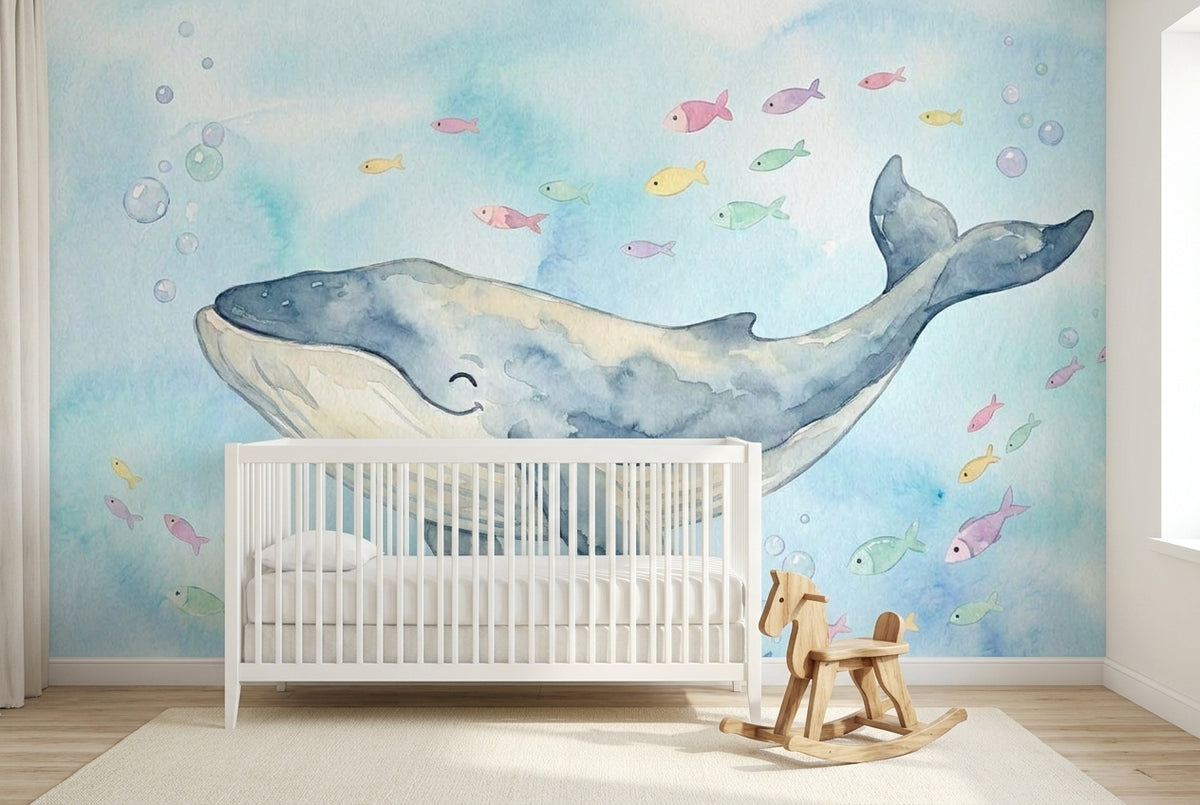 Papier peint mural Baleine Douce et Poissons Pastel